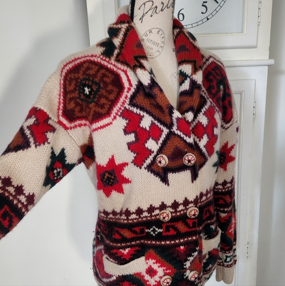 Vintage Red and Cream Geometric Shawl Collar Cardigan - Picture 4 of 10